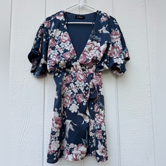 Lulu's Navy Floral Wrap Dress Women’s Small - Picture 5 of 9